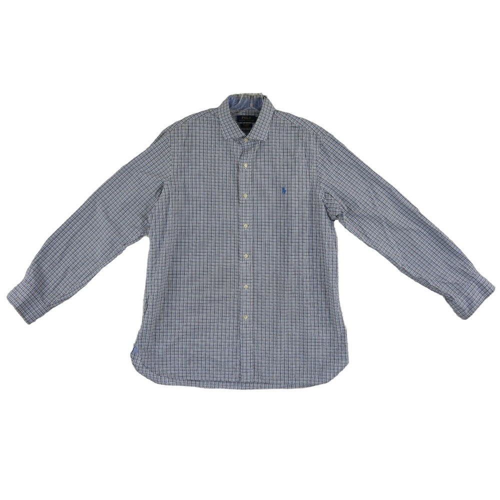 Polo Ralph Lauren Button Down Shirt Men's Size Large Blue Plaid Cotton Stretch